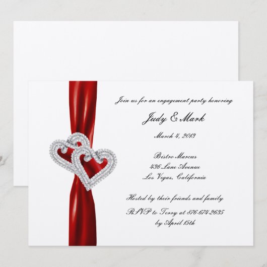Custom Hearts Red Ribbon Engagement Party Uitnodig Kaart (Voorkant / Achterkant)