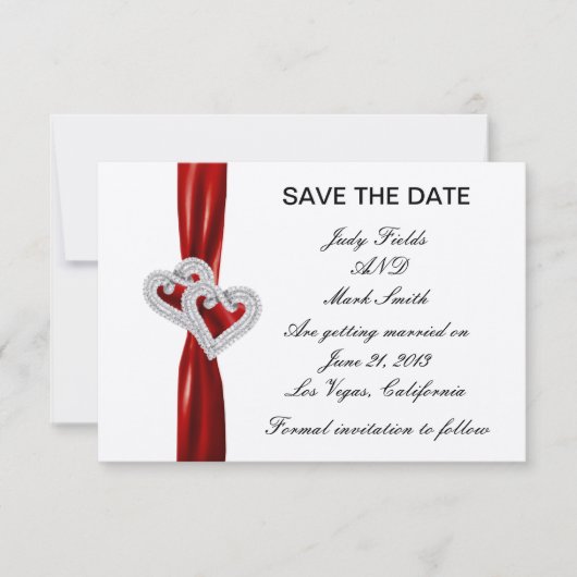 Custom Hearts Red Ribbon Save the Date Kaart (Voorkant)