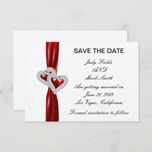 Custom Hearts Red Ribbon Save the Date Kaart (Voorkant / Achterkant)