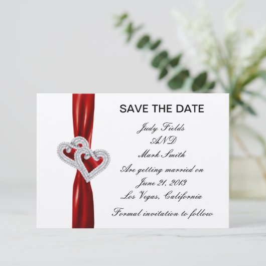 Custom Hearts Red Ribbon Save the Date Kaart (Staand voorkant)
