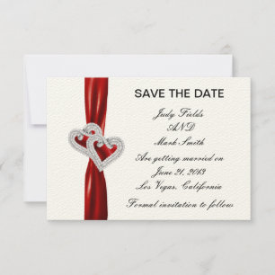Custom Hearts Red Ribbon Save the Date Kaart