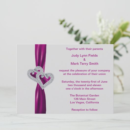 Custom Hearts Sangria Ribbon bruiloft uitnodiging (Staand voorkant)