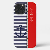 Custom Helder Rood Wit Navy Donkerblauwe Strepen iPhone Hoesje (Achterkant)