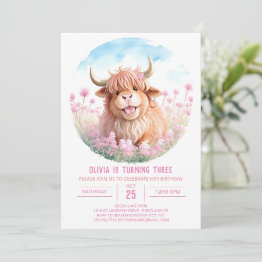 Custom Highland Koe Waterverf Meisje Verjaardag Kaart (Staand voorkant)