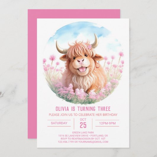 Custom Highland Koe Waterverf Meisje Verjaardag Kaart (Voorkant / Achterkant)