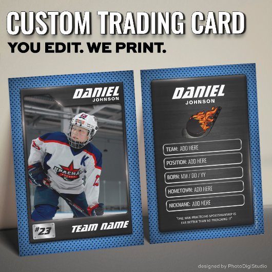 Custom Hockey Trading Card, Blue Graphite Player Contactkaartje