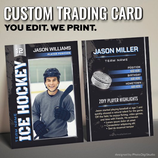 Custom Hockey Trading Card, Blue Power Player Contactkaartje