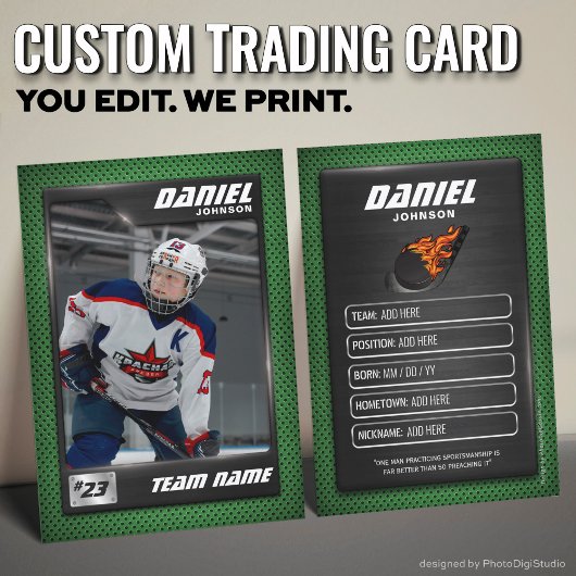 Custom Hockey Trading Card, Green Graphite Player Contactkaartje
