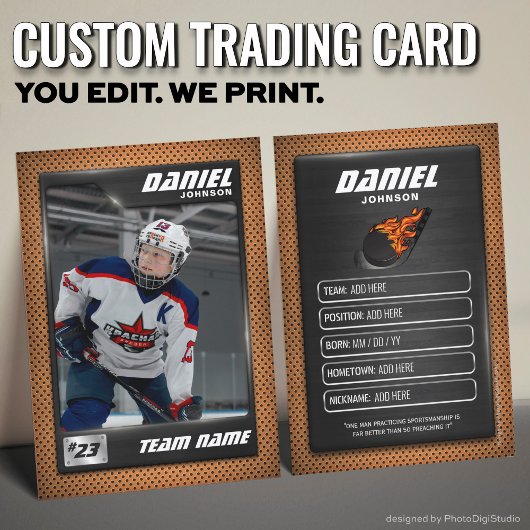 Custom Hockey Trading Card, Orange Graphite Player Contactkaartje
