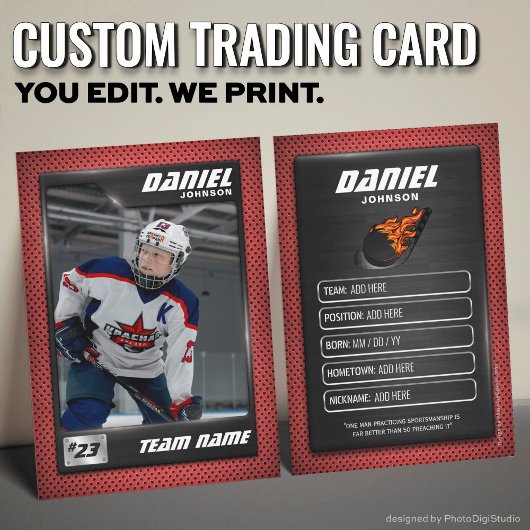 Custom Hockey Trading Card, Red Graphite Player Contactkaartje