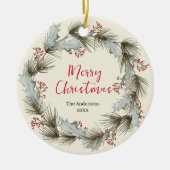 Custom Holiday Keepsake with Wreath Family Photo Keramisch Ornament (Voorkant)