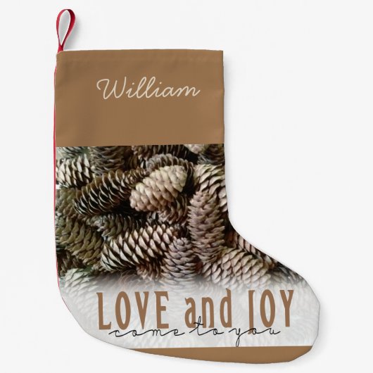 Custom Holiday Love and Joy Pine Cone Kleine Kerstsok (Voorkant)