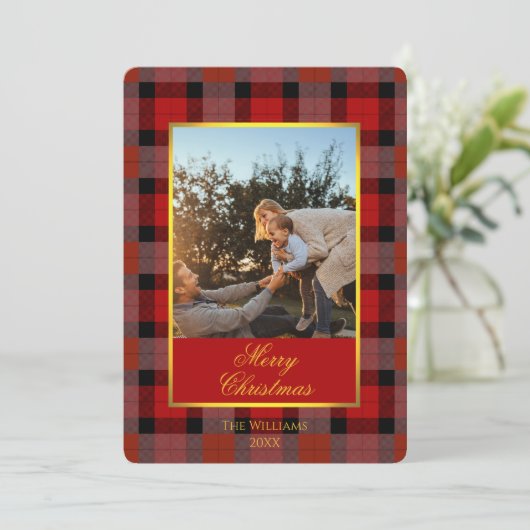Custom Holiday Photo Card in Traditional Plaid Feestdagenkaart (Staand voorkant)