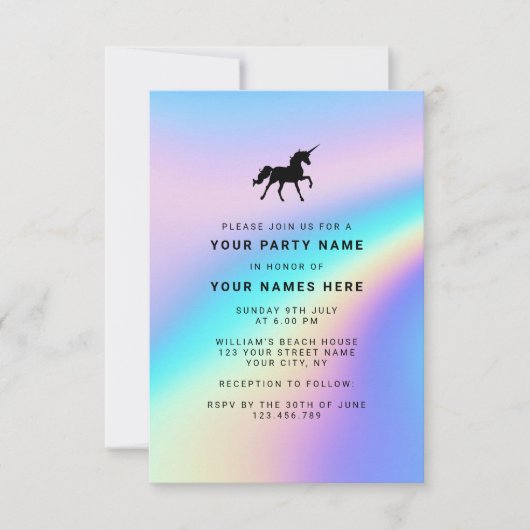 Custom Holographic Modern Elegant Unicorn Party Kaart (Voorkant)
