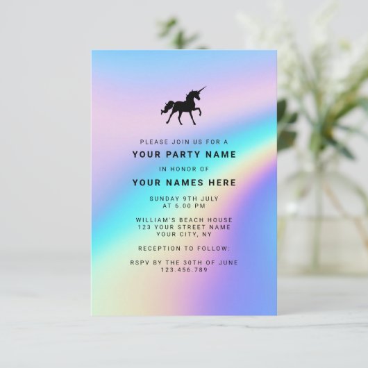 Custom Holographic Modern Elegant Unicorn Party Kaart (Staand voorkant)