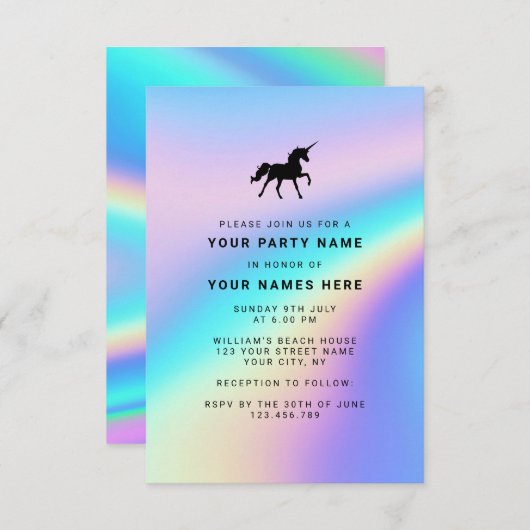 Custom Holographic Modern Elegant Unicorn Party Kaart (Voorkant / Achterkant)