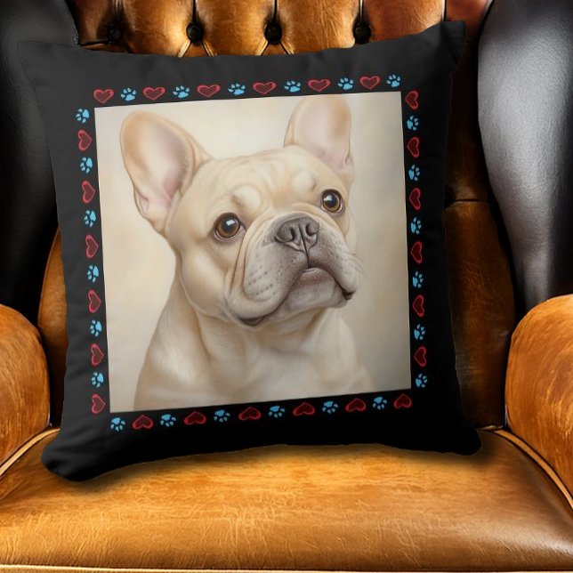 Custom Hond Foto Harten Paws Zwart Rand Kussen (Custom Dog Photo Hearts Paws Black Border Throw Pillow)