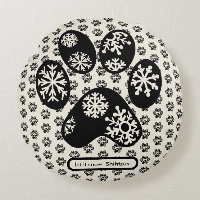 Custom HONDENRAS Christmas Paw Snowflake Snow Rond Kussen (Voorkant)