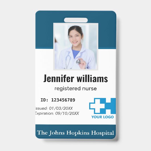 Custom Hospital Employee Logo & Photo navy blue ID Badge (Front)