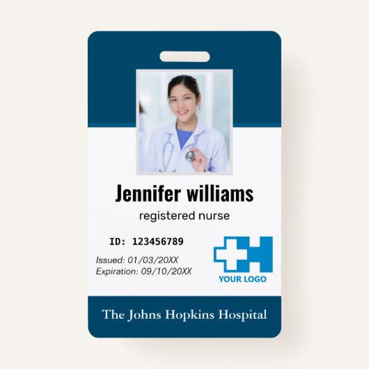 Custom Hospital Employee Logo & Photo navy blue ID Badge (Voorkant)