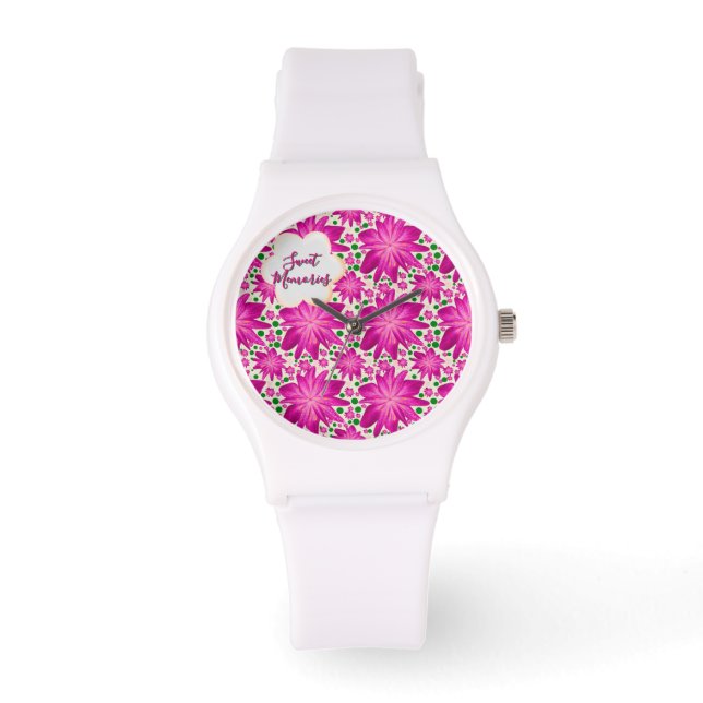 Custom Hot Pink Floral Seamless Pattern  Horloge (Voorkant)