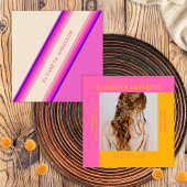 Custom Hot Roze Sinaasappel Retro Stripes 70s, 80s Vierkante Visitekaartje