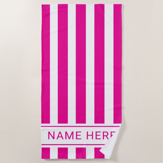Custom HotPink White Striped Beach Towel with Name Strandlaken (Voorkant)