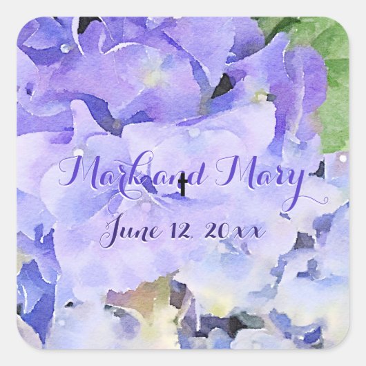 Custom Hydrangea Bruiloft Blauw Lila Vierkante Sticker (Voorkant)