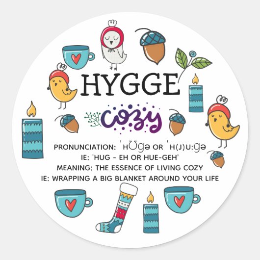 Custom Hygge Betekenis Uitspraak Schattig Doodles Ronde Sticker (Voorkant)