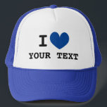 Custom I HEART trucker hoed met blauw liefdesicoon Trucker Pet<br><div class="desc">Custom I HEART trucker hoed met blauw liefdesicoon. Maak uw eigen gepersonaliseerde pet met deze lege sjabloon. Aangepaste kleur hart met zwarte typografie.</div>