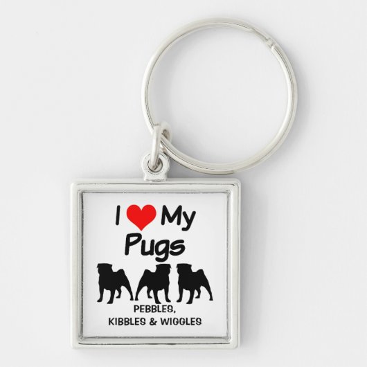CUSTOM I Love My Three Pug Dogs Sleutelhanger (Voorkant)