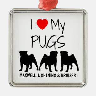 Custom I Love My Three Pugs Metalen Ornament