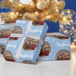 Custom Icy Blue Merry Christmas One Circle Photo Cadeaupapier