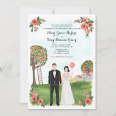 Custom Illustrated Couple Portrait Farm Wedding Kaart (Voorkant)