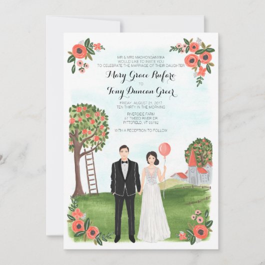 Custom Illustrated Couple Portrait Farm Wedding Kaart (Voorkant)