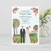 Custom Illustrated Couple Portrait Farm Wedding Kaart (Staand voorkant)
