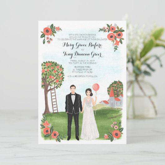 Custom Illustrated Couple Portrait Farm Wedding Kaart (Staand voorkant)