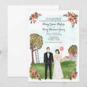 Custom Illustrated Couple Portrait Farm Wedding Kaart (Voorkant / Achterkant)