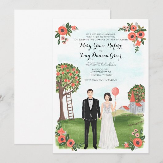 Custom Illustrated Couple Portrait Farm Wedding Kaart (Voorkant / Achterkant)