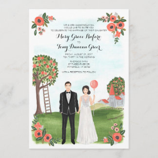 Custom Illustrated Couple Portrait Farm Wedding Kaart