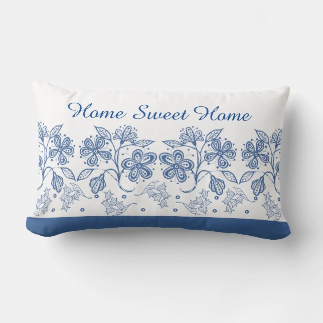 Custom Indigo Blauw Bloemen Rand Lumbaal Kussen (Voorkant)