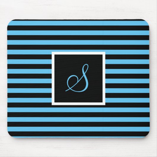 Custom Initiaal Letter Blauw en Zwart Gestreept Muismat (Voorkant)