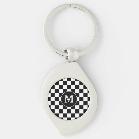 Custom Initial, Black White Checkered Keychain (Voorkant)