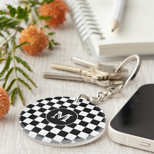 Custom Initial, Black White Checkered Keychain (Voorkant Rechts)