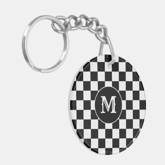 Custom Initial, Black White Checkered Keychain (Voorkant Links)