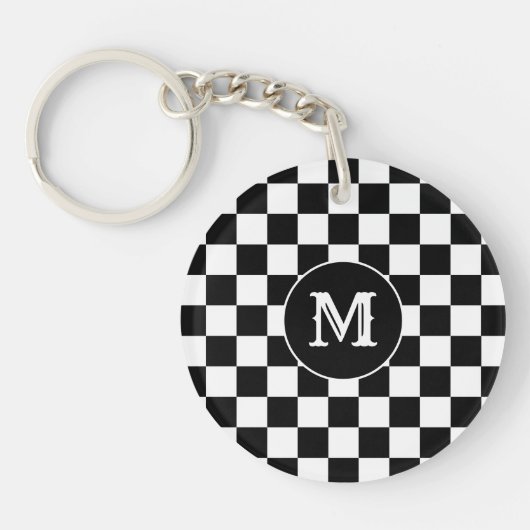 Custom Initial, Black White Checkered Keychain (Voorkant)