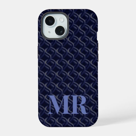Custom Initial Large Modern Blue Lattice Rubber iPhone 15 Case (Achterkant)