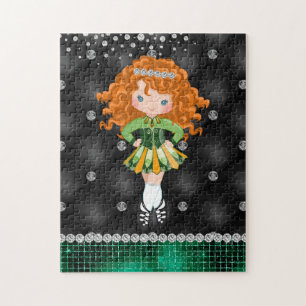 Custom Irish Dance Redhead Girl Green, Black Legpuzzel