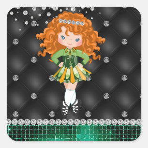 Custom Irish Dance Redhead Girl Green, Black Vierkante Sticker