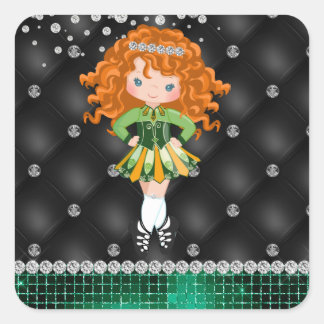 Custom Irish Dance Redhead Girl Green, Black Vierkante Sticker